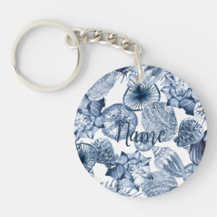Blue and White Seashells Coastal Design Keychain