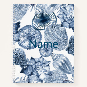 Blue and White Seashells Coastal Design Name Notebook