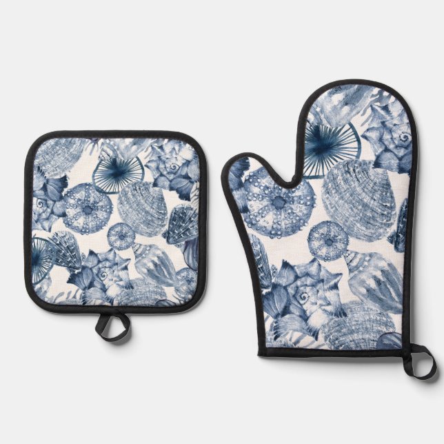 Blue and White Seashells Coastal Design Oven Mitt & Pot Holder Set (Front)
