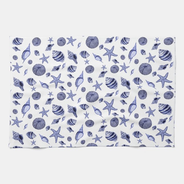 Blue and white seashells  kitchen towel (Horizontal)
