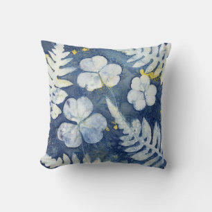 Blue and White Shamrock Cyanotype Art Throw Pillow