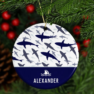 Blue and White Shark Pattern w/ Name Boy Christmas Ceramic Ornament