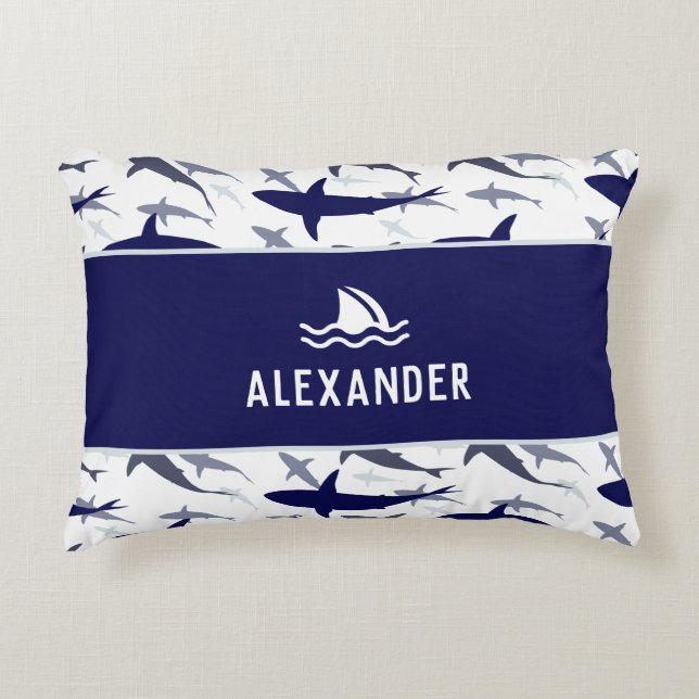 Blue and White Shark Pattern with Name Boy Accent Pillow (Front)