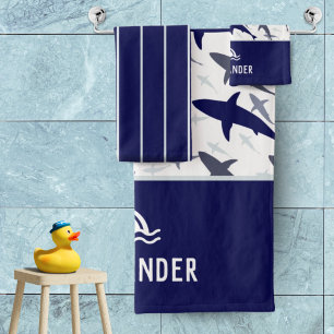 Blue and White Shark Pattern with Name Boy Bath Towel Set