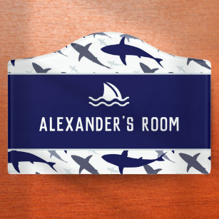 Blue and White Shark Pattern with Name Boy Door Sign