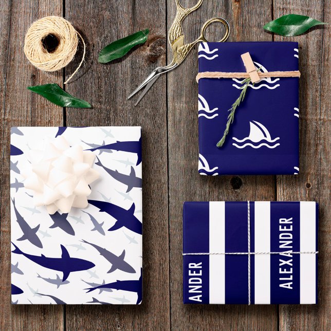 Blue and White Shark Pattern with Name Boy Wrapping Paper Sheet (Creator Uploaded)