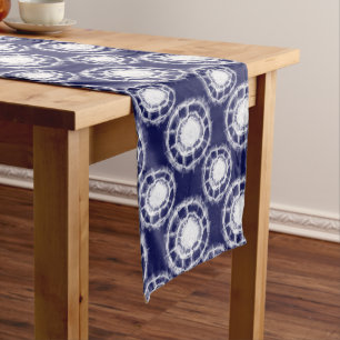 Blue and White Shibori Circles Pattern Medium Table Runner