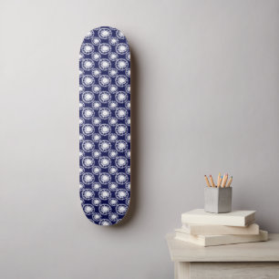 Blue and White Shibori Circles Pattern  Skateboard