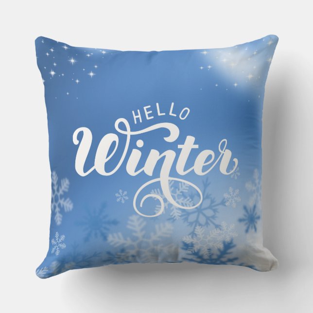 Blue And White Simple Hello Winter Throw Pillow (Back)