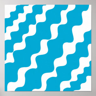 Blue and white slanting waves pattern poster
