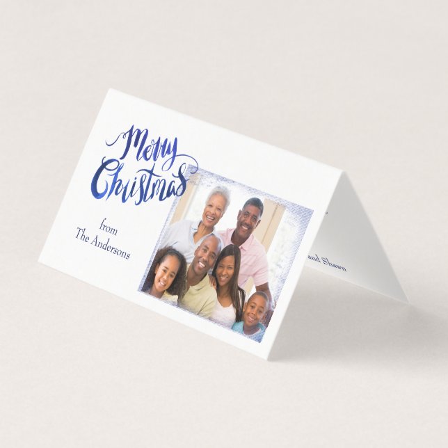 Blue and White Small Folded Christmas Photo Card (Front)