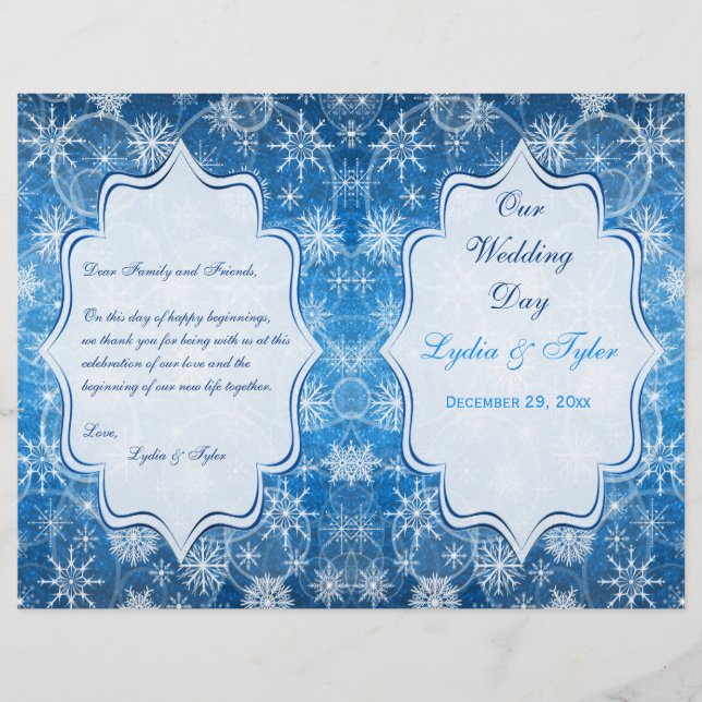 Blue and White Snow Flakes Wedding Program (Front)