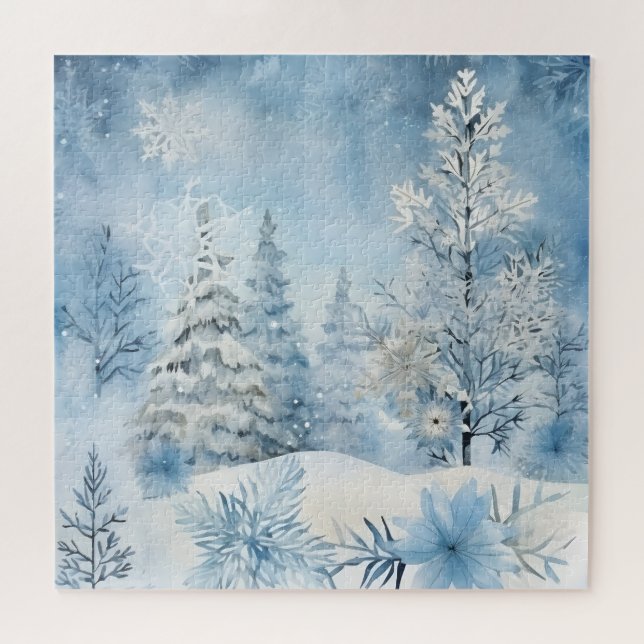 Blue and White Snowfall Trees In Winter Snow  Jigsaw Puzzle (Horizontal)