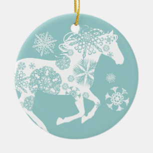 Blue and White Snowflake Christmas Horse Ceramic Ornament