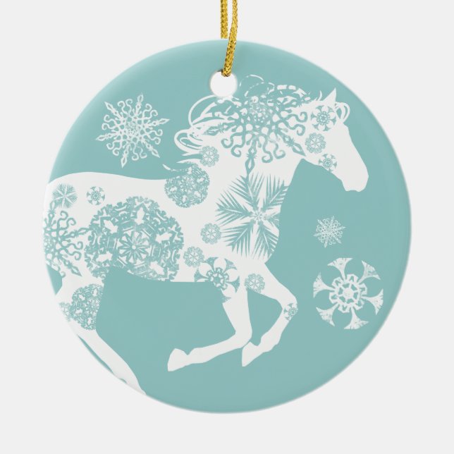 Blue and White Snowflake Christmas Horse Ceramic Ornament (Front)