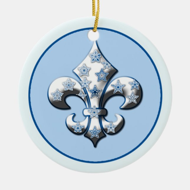 Blue and White Snowflake Fleur de Lis Ornament (Front)
