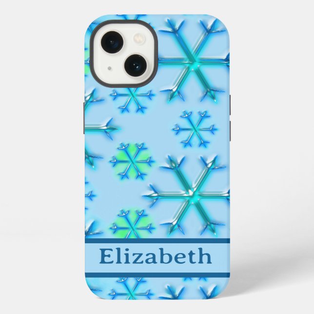 Blue and White Snowflake Hexagon Pattern Name iPhone Case (Back)