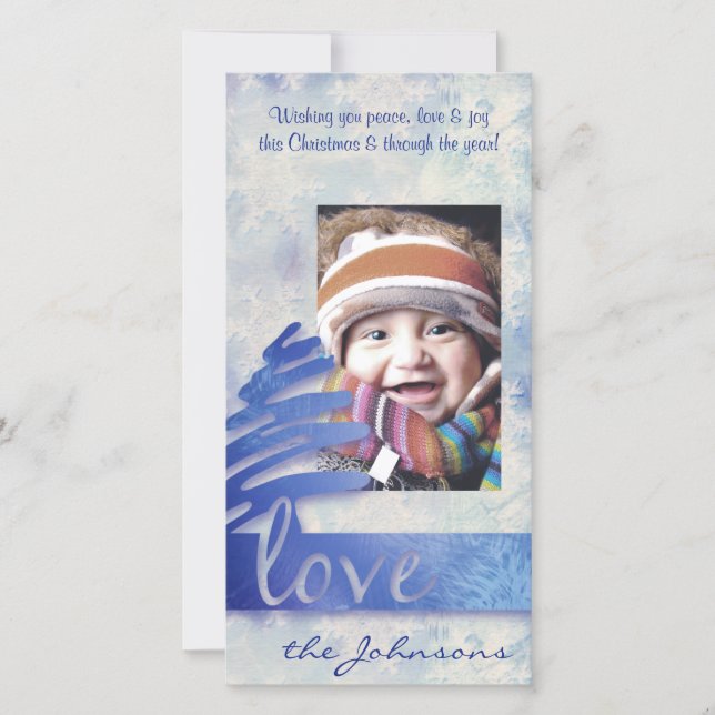 Blue and White Snowflake "Love" Holiday Photo Card (Front)