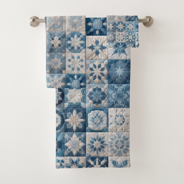 Blue and White Snowflake Quilt Bath Towel Set (Insitu)