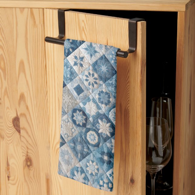Blue and White Snowflake Quilt Kitchen Towel (Thirds Fold)