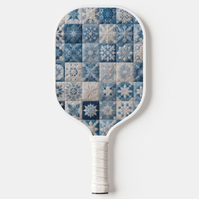 Blue and White Snowflake Quilt Pickleball Paddle (Front)