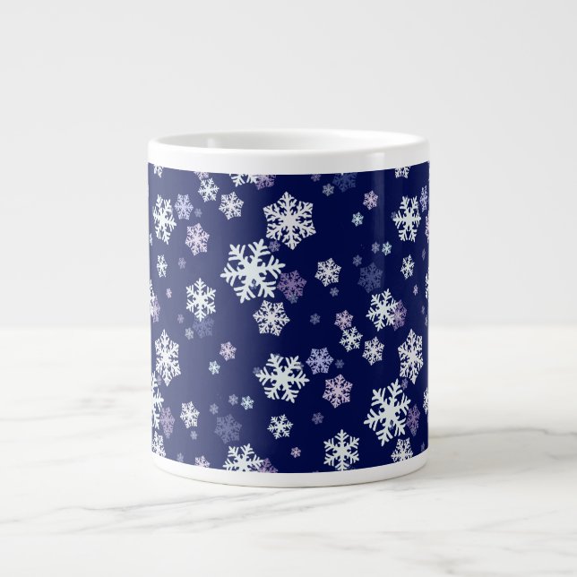 Blue and White Snowflakes On Dark Blue Ground Large Coffee Mug (Front)