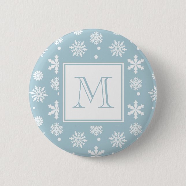 Blue and White Snowflakes Pattern 1 with Monogram 2 Inch Round Button (Front)