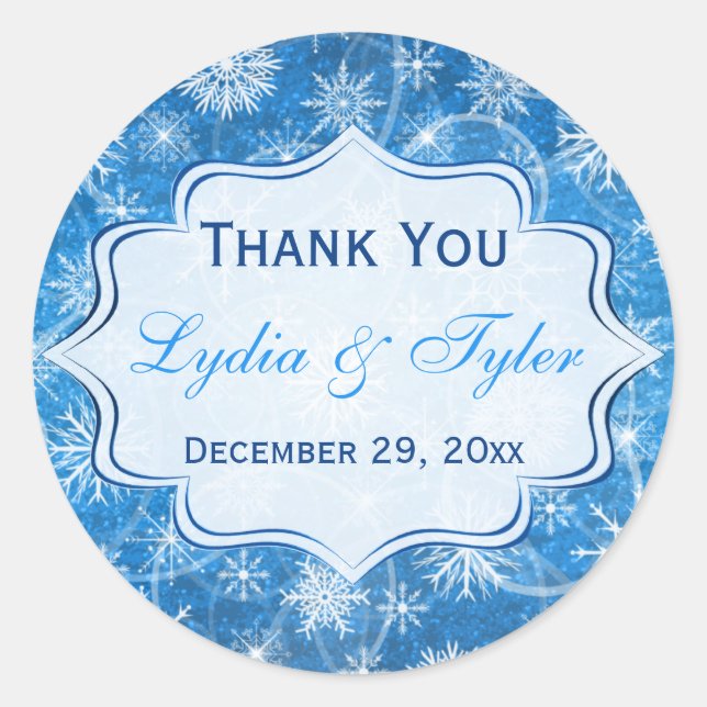 Blue and White Snowflakes Wedding Favour Sticker (Front)