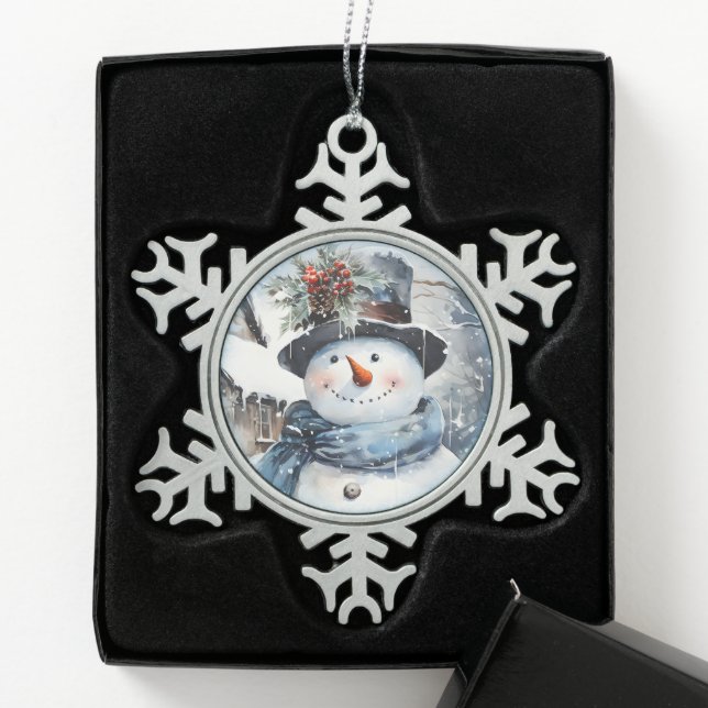 Blue and White Snowman Face Snowflake Pewter Christmas Ornament (Box)