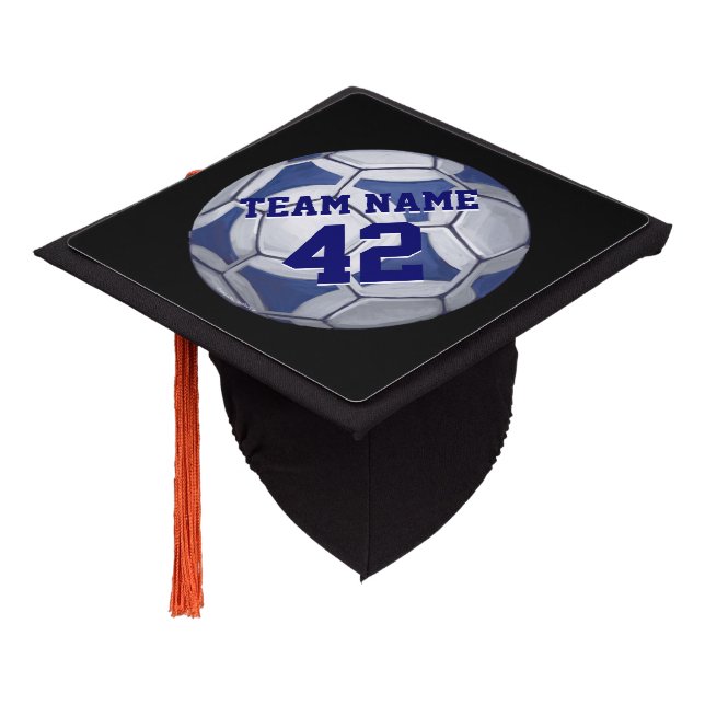Blue and White Soccer Ball with name Graduation Cap Topper (Angled)