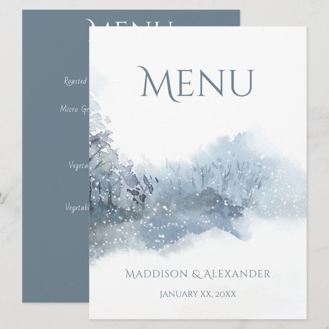 Blue and White Soft Watercolor Wedding Menu (Front/Back)