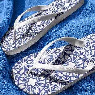 Blue and White Spanish Mediterranean Pattern Flip Flops