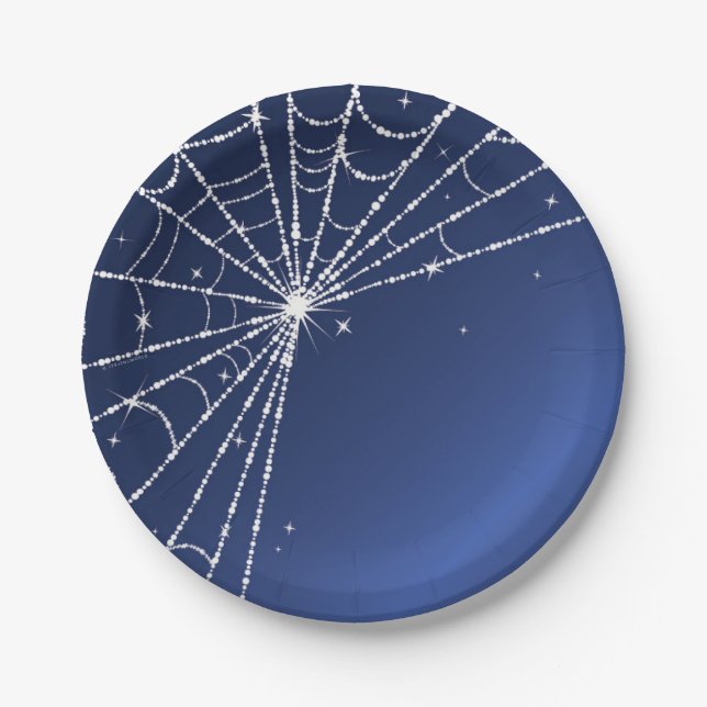 Blue and White Sparkling Diamond Spider Web Paper Plate (Front)