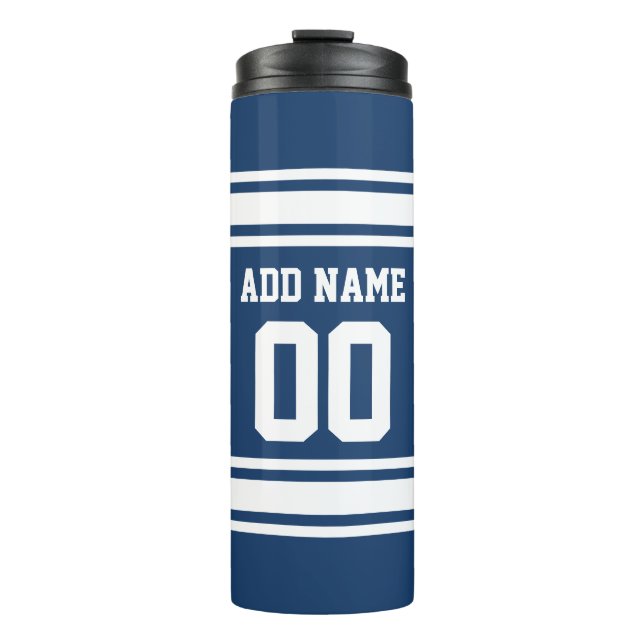 Blue and White Sports Jersey Stripes Name Custom Thermal Tumbler (Front)