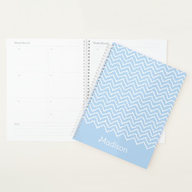 Blue And White Squiggly Chevron Zigzag With Name Planner (Display)