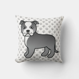 Blue And White Staffie Cute Cartoon Dog & Paws Throw Pillow