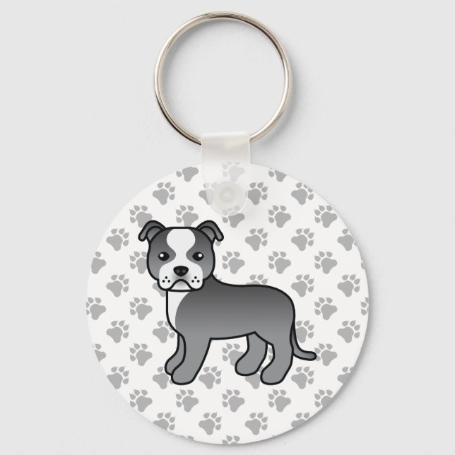 Blue And White Staffordshire Bull Terrier Dog Keychain (Front)