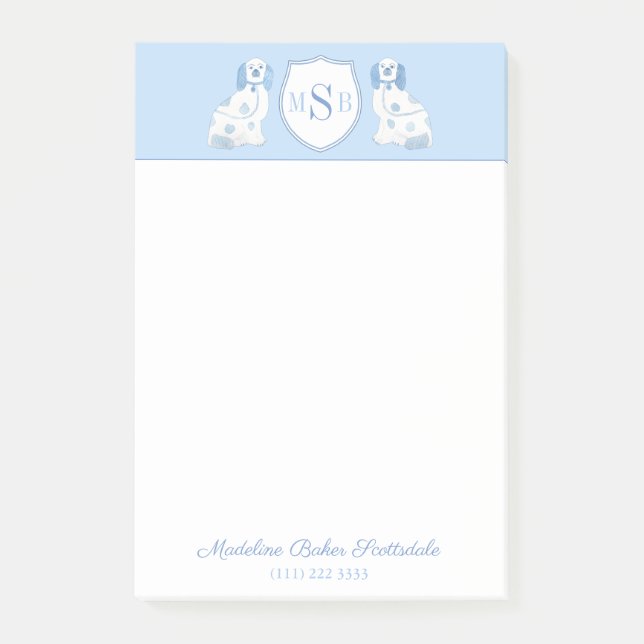 Blue And White Staffordshire Spaniels Monogram Post-it Notes (Front)