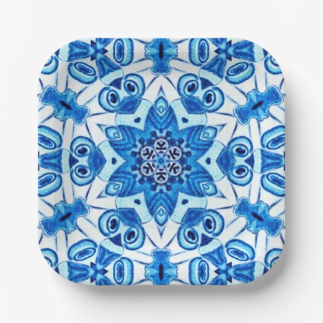 Blue and white star Christmas pattern Paper Plate (Front)