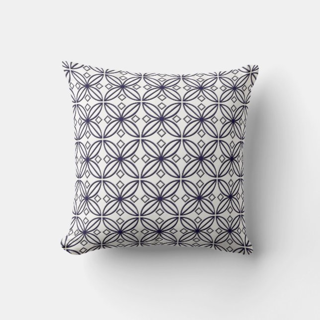 Blue and White Star Flower Design Throw Pillow (Front)