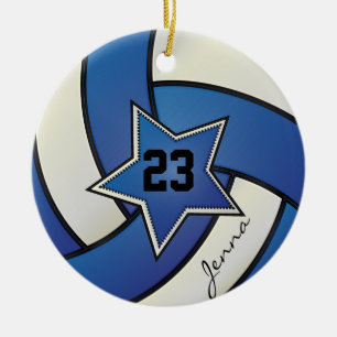 Blue and White Star Volleyball Ceramic Ornament
