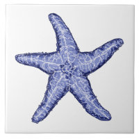 Blue and white starfish ceramic tile