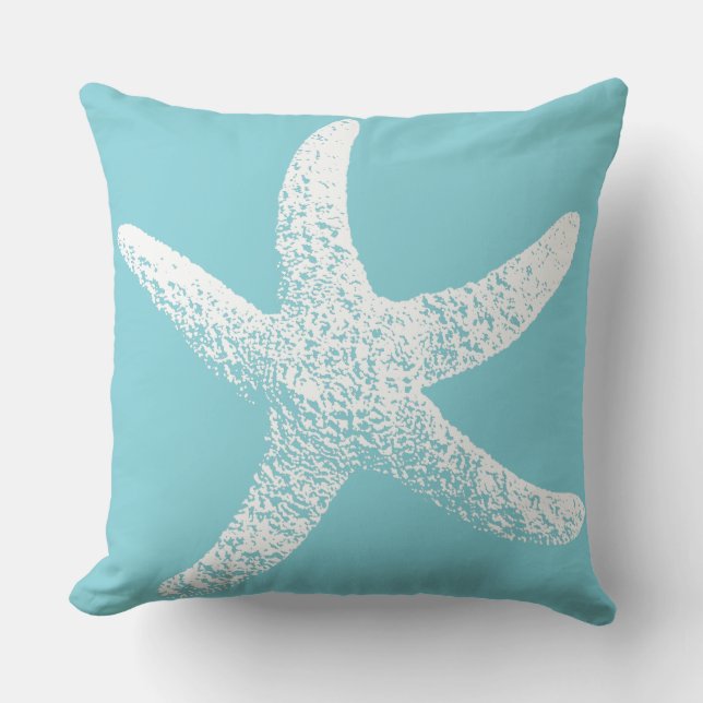 Blue and White Starfish Outdoor Throw Pillow (Front)