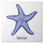 Blue and white starfish with name ceramic tile<br><div class="desc">This blue and white starfish is great framed or for use in the bathroom or a beach house. Change name in custom section.</div>