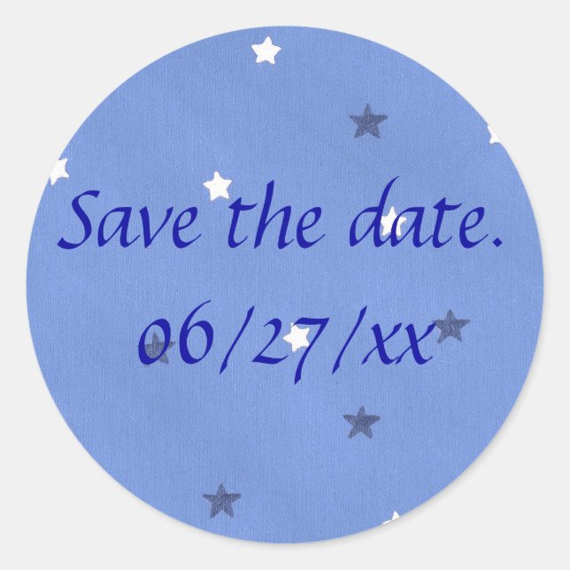 Blue and White Stars Save the Date Stickers (Front)
