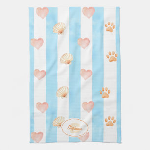 Blue and White Stripe - Hearts,, Paw Print, Shell Kitchen Towel