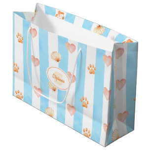 Blue and White Stripe - Hearts,, Paw Print, Shell Large Gift Bag