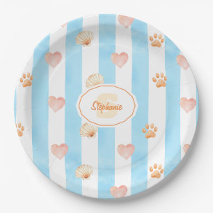 Blue and White Stripe - Hearts,, Paw Print, Shell Paper Plate