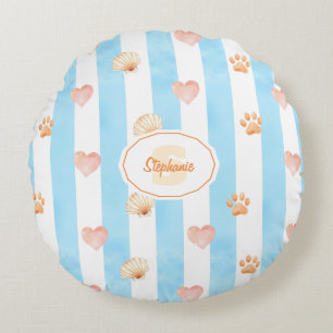 Blue and White Stripe - Hearts,, Paw Print, Shell Round Pillow