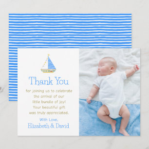 Blue and White Stripe Sailboat Baby Shower Thank You Card